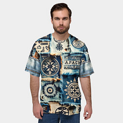Футболка оверсайз мужская Символы Апачи на пэчворк дениме, цвет: 3D-принт — фото 2