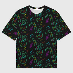 Мужская футболка оверсайз Неоновый саксофон и музыкальные ноты