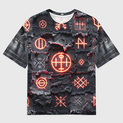 Мужская футболка оверсайз Символы викингов на пэчворк дениме
