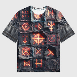 Мужская футболка оверсайз Символы викингов на пэчворк джинсах