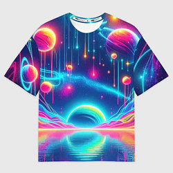 Мужская футболка оверсайз Неоновый космос - нейроарт фантазия
