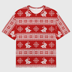 Футболка оверсайз мужская Вязаный зимний узор с зайчатами, цвет: 3D-принт