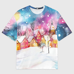 Мужская футболка оверсайз Новогодний ночной дворик