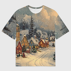 Мужская футболка оверсайз Новогодние зимние домики