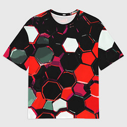 Мужская футболка оверсайз Красно-белые шестиугольники на чёрном фоне