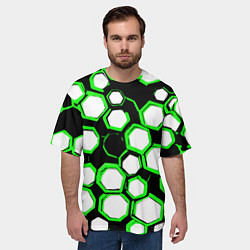Футболка оверсайз мужская Бело-зелёные шестиугольники на чёрном фоне, цвет: 3D-принт — фото 2