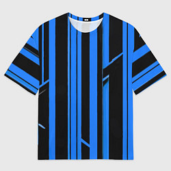 Мужская футболка оверсайз Толстые синие полосы на чёрном фоне