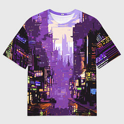 Мужская футболка оверсайз Киберпанк город фиолетовый