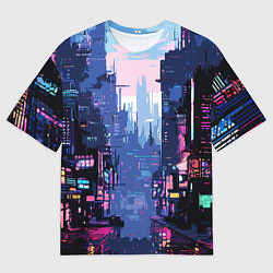 Мужская футболка оверсайз Киберпанк город розовый