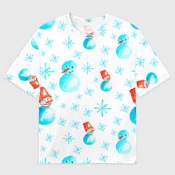 Футболка оверсайз мужская Зимний новогодний узор со снеговиками и снежинками, цвет: 3D-принт