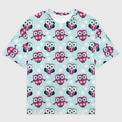 Мужская футболка оверсайз Новогодний паттерн с милыми совами и снежинками