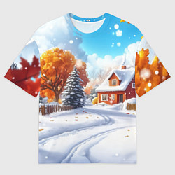 Мужская футболка оверсайз Новогодний пейзаж и домики