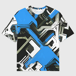 Мужская футболка оверсайз Сине-белый техно паттерн на чёрном фоне