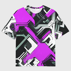 Мужская футболка оверсайз Бело-фиолетовый техно паттерн на чёрном фоне