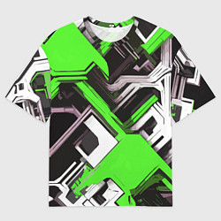 Мужская футболка оверсайз Бело-зелёный техно паттерн на чёрном фоне