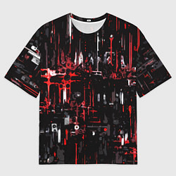Мужская футболка оверсайз Бело-красная тревожная абстракция на чёрном фоне