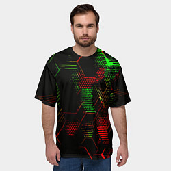 Футболка оверсайз мужская Красно-зелёные точки и линии на чёрном фоне, цвет: 3D-принт — фото 2