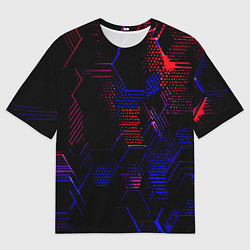 Мужская футболка оверсайз Красно-синие точки и линии на чёрном фоне
