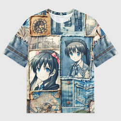 Мужская футболка оверсайз Пэчворк деним и аниме