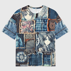 Мужская футболка оверсайз Аниме пэчворк деним