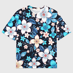 Мужская футболка оверсайз Сине-белые цветы на чёрном фоне