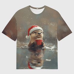 Футболка оверсайз мужская Новогодняя выдра с кружкой кофе, цвет: 3D-принт