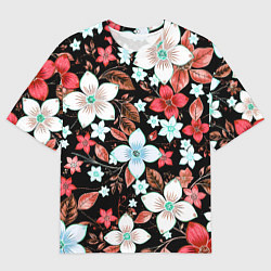 Мужская футболка оверсайз Красно-белые цветы на чёрном фоне