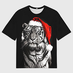 Мужская футболка оверсайз Тигр в красном колпаке Деда Мороза
