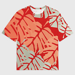 Мужская футболка оверсайз Отпечатки монстеры на красном