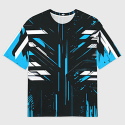 Мужская футболка оверсайз Сине-белые полосы и точки на чёрном фоне