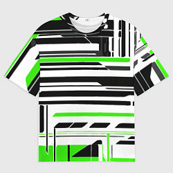 Мужская футболка оверсайз Зелёно-белые технологические линии на чёрном фоне