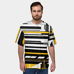 Футболка оверсайз мужская Жёлто-белые технологические линии на чёрном фоне, цвет: 3D-принт — фото 2