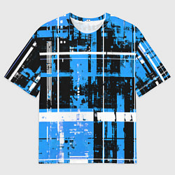 Мужская футболка оверсайз Сине-белый гранж на чёрном фоне