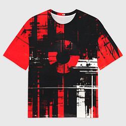 Мужская футболка оверсайз Красно-белый гранж на чёрном фоне