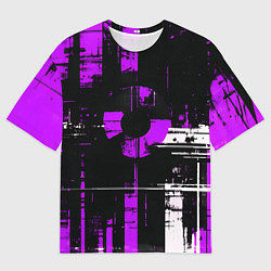 Мужская футболка оверсайз Фиолетово-белый гранж на чёрном фоне