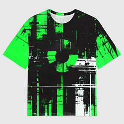 Мужская футболка оверсайз Зелёно-белый гранж на чёрном фоне