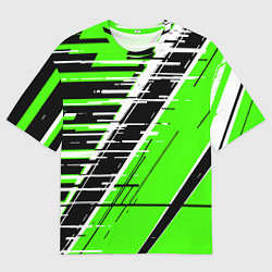 Мужская футболка оверсайз Чёрно-белые глитч полосы на зелёном фоне