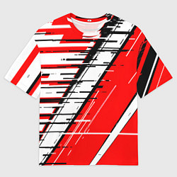 Мужская футболка оверсайз Чёрно-белые глитч полосы на красном фоне