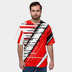 Футболка оверсайз мужская Чёрно-белые глитч полосы на красном фоне, цвет: 3D-принт — фото 2