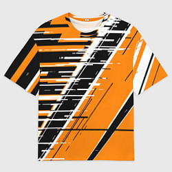 Мужская футболка оверсайз Чёрно-белые глитч полосы на оранжевом фоне