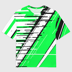 Мужская футболка оверсайз Чёрно-белые глитч полосы на зелёном фоне