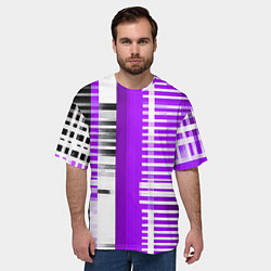 Футболка оверсайз мужская Белые полосы на чёрно-фиолетовом фоне, цвет: 3D-принт — фото 2