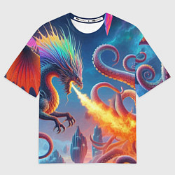 Мужская футболка оверсайз Огнедышащий дракон против осьминога - нейроарт фан
