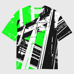 Мужская футболка оверсайз Чёрно-белые абстрактные линии на зелёном фоне
