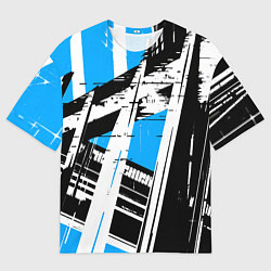Мужская футболка оверсайз Чёрно-белые абстрактные линии на синем фоне