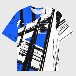 Мужская футболка оверсайз Чёрно-белые абстрактные линии на синем фоне