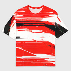 Мужская футболка оверсайз Горизонтальные чёрно-белые линии на красном фоне