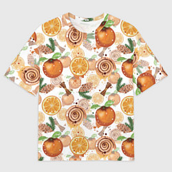 Мужская футболка оверсайз Апельсины, корица, булочки с корицей на светлом фо