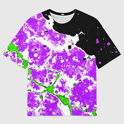Мужская футболка оверсайз Зелёно-фиолетовая абстракция на чёрном фоне