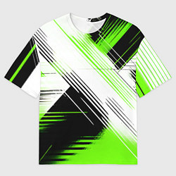 Мужская футболка оверсайз Диагональные бело-зелёные линии на чёрном фоне